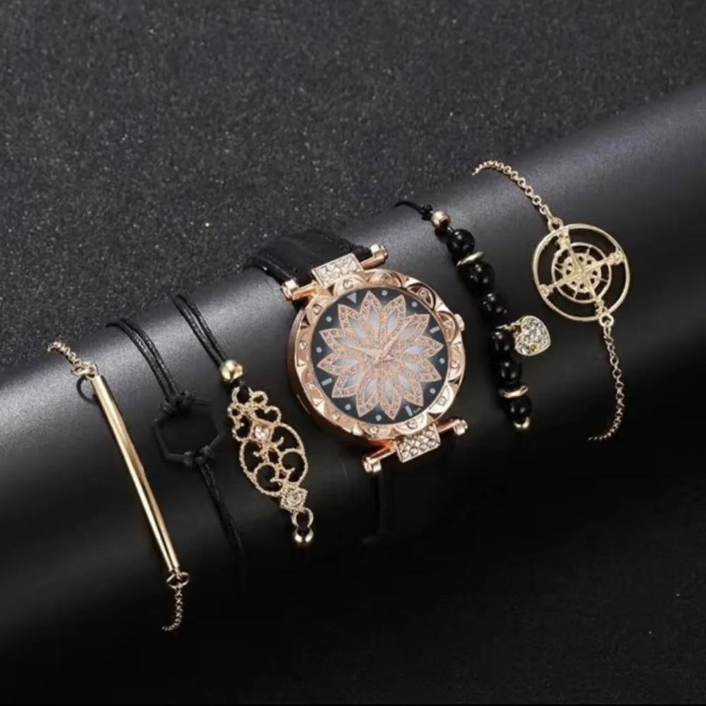 6 PCS Women's Watch and Beaded Pendant Bracelet Set for Stylish Accessorizing